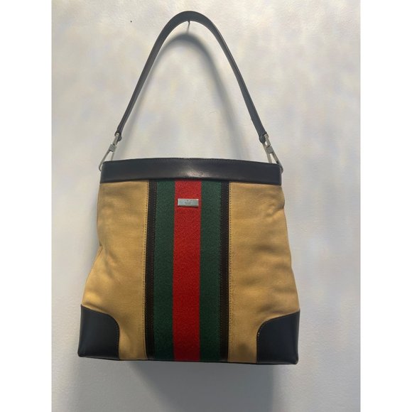 Authentic GUCCI Web Sherry Line Shoulder Bag Canvas Leather 0014231 Beige 1157I - Picture 1 of 16